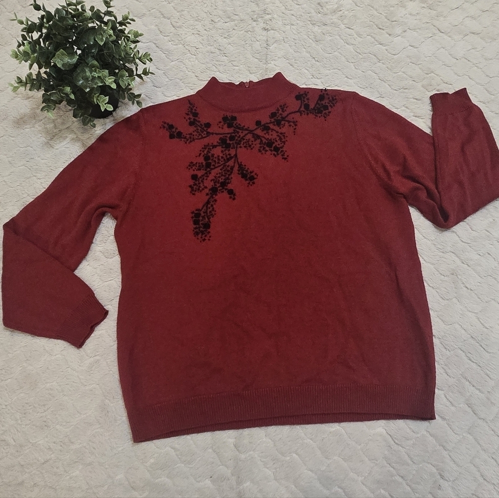 Alfred Dunner Red and Black Embroidered Floral Mock Granny Sweater, Size Small